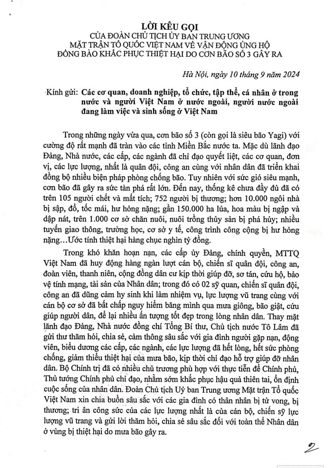 Lời kêu gọi của Đoàn Chủ tịch Ủy ban Trung ương MTTQ Việt Nam về vận động ủng hộ đồng bào khắc phục thiệt hại do cơn bão số 3 gây ra - Ảnh 2